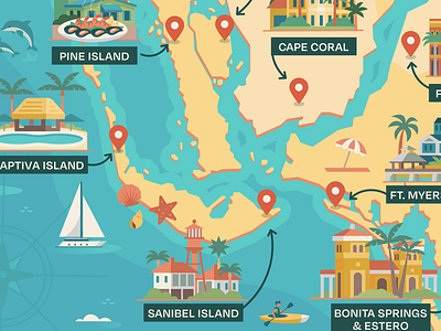 Explore New Horizons beach cartography florida fortmyers illustration kayak map tourism vector