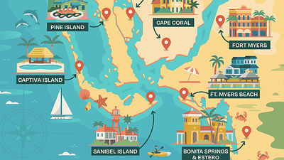 Explore New Horizons beach cartography florida fortmyers illustration kayak map tourism vector