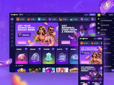 Bet2Win Home page betting game casino app casino banner casino dashboard casino design casino home page casino main page casino ui ux crash game gambling illustration game gaming dashboard gaming ui in house in house games mobile casino ui mobile gambling probably fair games slot game wheel game