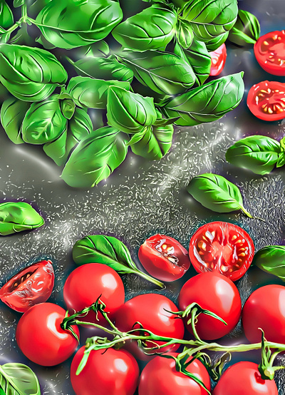 🎨🖼️𝘼𝙧𝙩𝙬𝙤𝙧𝙠 𝙏𝙤𝙢𝙖𝙩𝙤𝙚𝙨 𝙖𝙣𝙙 𝘽𝙖𝙨𝙞𝙡🍅 art artgallery artwork basil cooking farming food foodart foodpic health healthappleinfo illustration nature paintings tomatoes