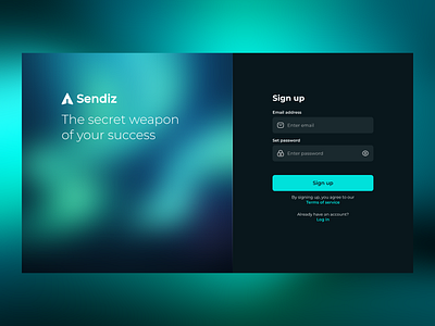 Sendiz. Sign Up clean create account dark mode dark theme dark ui glass glassmorphism glow gradient inspiration interface landing page log in sign up ui ux web web design website