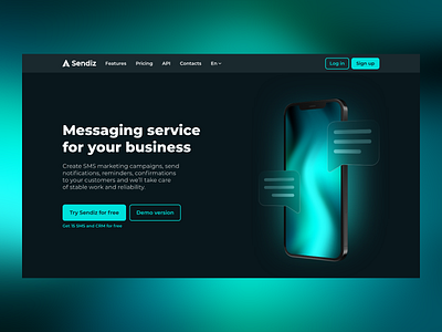 Sendiz - Messaging Service clean dark mode dark theme dark ui glass glassmorphism glow gradient inspiration interface iphone landing page ui ux web web design website