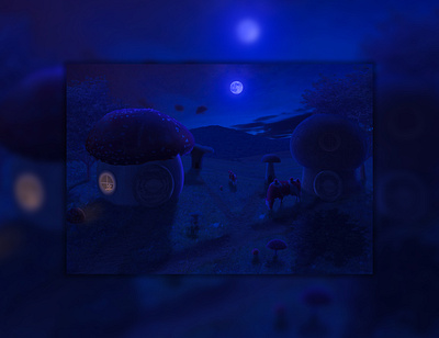 Mushroom Village art artist artwork blue moon design digital digital art digital artwork drawing fantasy graphic design mushroom cow mushroom village photoshop