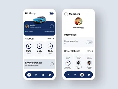 MyHyundai - Mobile app & presentation account app automotive blue car clean design driver flat hyundai minimalistic mobile modern preferences profile settings statistics ui white 插图