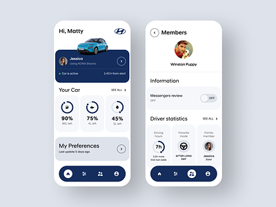 MyHyundai - Mobile app & presentation account app automotive blue car clean design driver flat hyundai minimalistic mobile modern preferences profile settings statistics ui white 插图