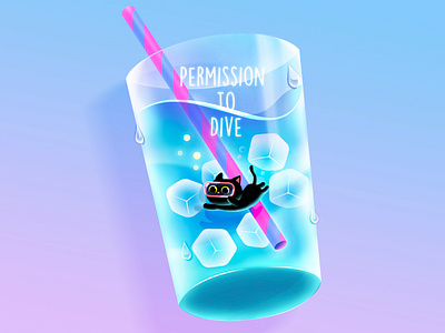 Permission to Dive! blackcat cat character diving drawing ice ice drink illustration permission to dive