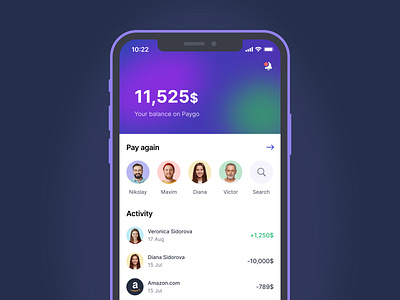 Paygo | Money transfers IOS app account activity amount app apple application balance bank bank card cash design free home ios mockup money search send send money uiux