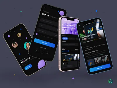 Creative Mobile App app category cover dashboard description designers grid list mobile popular profile rating read more registration signup start welcome