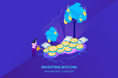 Investing Bitcoin - Insometric Vector 3d 3d animation 3d art 3d character 3d illustration animation app bitcoin blockchain design graphic design illustration investing isometric logo motion graphics page rate ui vector