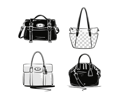 Iconic luxury handbags. Ink sketches, fashion illustrations accessories apparel bag black and white drawing e commerce fashion feminine handbag illustration line drawing lineart luxury minimal perfume shopping sketch style vector woman