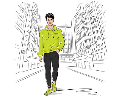 Man in Tokyo city. Fashion illustration with line art background beauty black and white character design chsracter city drawing elegant fashion illustration japan line drawing lineart man minimal people skyline street tokyo urban vector