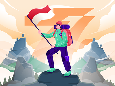 Happy Independence Day Indonesia ! branding design flat hiking holiday illustration illustrator independence indonesia landscape logo minimal mountain national day orange scenery tree ui vector website