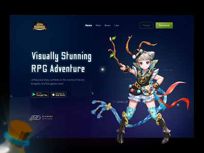 Seven Knights - mobile RPG adventure game (hero section) adventure character clean colorful dark mode futuristic game glow glow in the dark hero section landing page layout mobile mobile game rpg ui uiux ux web website