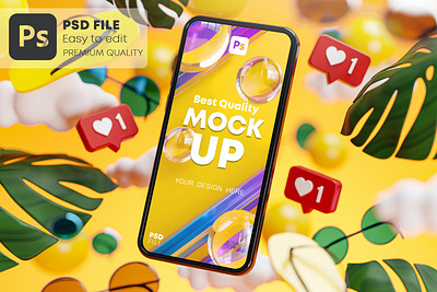 Phone Mockup Summer Yellow Tropical Concept 3D 3d abstract aesthetic cartoon concept cute design icon leaf love mockup phone poster poster 3d print printing smartphone summer tropical yellow