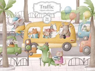Traffic, cute clipart collection animals characters back to school car cartoon character children cute animals doodle kids illustration nursery animals road school school bus traffic jam transportation