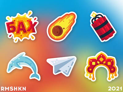 Stickers illustrations for Watch the birdie application application art blow bomb bundle design dolphin flat graphic design icons illustration kids kokoshnik meteorite set stickers style tnt vector