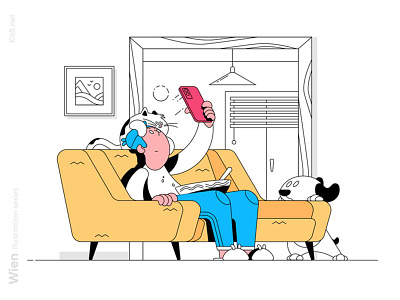 Taking selfie with cat illustration cat character couch dog flat illustration indoors kit8 line linear man pet pets phone room selfie vector