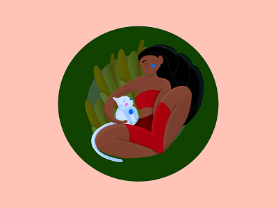 Jungle Cat Lady animal cat circle feline flat girl goddess illustration jungle kitten lady leaves plants round woman