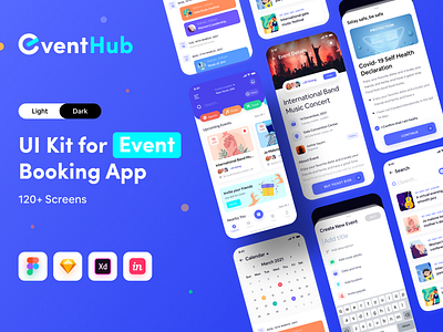 Event Booking UI Kit- EventHub 2021 app design app app design creative design event event app event app design event app ui kit event booking event booking kit event hub event management event ui kit mobile app mobile app design mockup ui ui kits