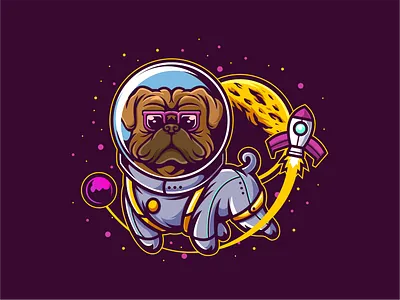Astro Pug animal astronaut cartoon character cute design dog illustration logo mascot pet pug space t shirt vector