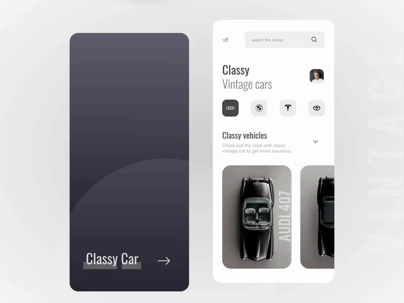 Classy Vintage car app 2021 trend animation app branding car classy design figma illustration logo ui ux vector vintage vintage car visual design