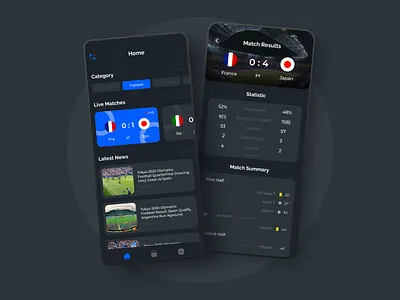 Sports News Mobile Apps app app design application dark dark mode dark ui football match mobile mobile design mobile ui news news feed result score sports sports app ui design uiux ux design