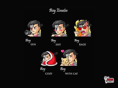 Boy Twitch Emotes boy cartoon cozy customemote customemotes designer emoji emote emotes graphicdesign gun illustration logo rage shy sticker twitch twitchemote twitchemotes with cat