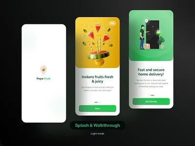 Pepe Fruit App UI Kit | Splash & walkthrough screens app app concept best dark design light mobile onboarding popular splash top ui ux walkthrough