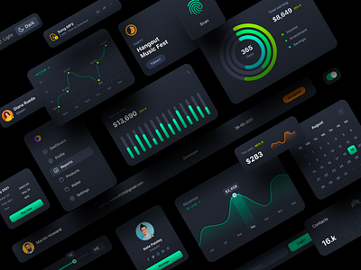 UI Components | Dark calendar chart components dark darkapp darkdashboard darkmode darktheme darkui dashboard graph icon landingpage styleguide ui uikit uiux ux webdesign widgets