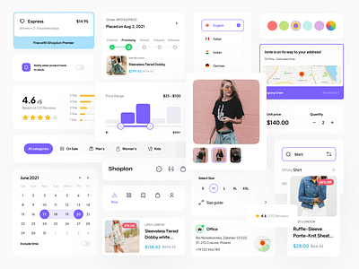 Shoplon’s light theme components | E-commerce UI Kit 3d address calender clothes color component date design e commerce map menu online shop product progress rate search shop shoplon store ui