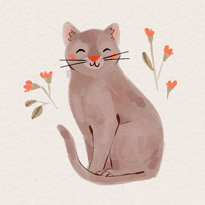 Grey Cat cat and flowers cat art cat illustration cat painting colored pencil cute cat art cute cat painting gouache gouache painting grey cat kitten kitten illustration organic purple cat traditional media