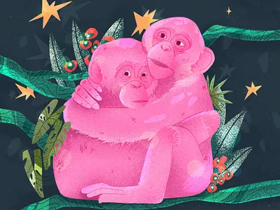 Hugging Monkeys 2d animals art direction characterdesign concept design digital art digital illustration flat graphic design green hugging illustration monkey pink procreateapp wild wood