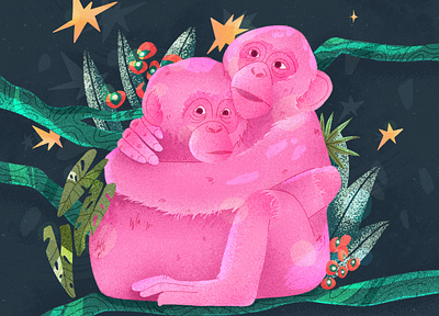 Hugging Monkeys 2d animals art direction characterdesign concept design digital art digital illustration flat graphic design green hugging illustration monkey pink procreateapp wild wood