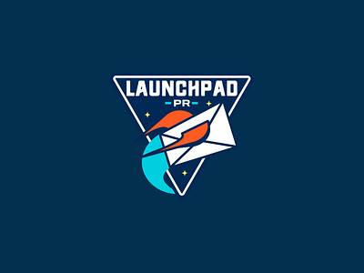 Launchpad PR Logo Badge adobe border branding breaking border clean clever creative dynamic email fun illustration logo outer space rocket simple smart space spaceship type vector