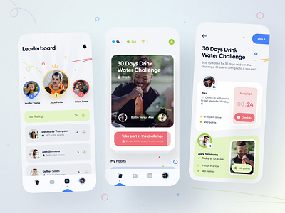 Habits & Challenges Mobile App app battle challenges check check in clean design game habits leaderboard mobile play points rating streak trophey ui ux versus water
