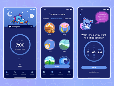 Sleep Tracker App - Alarm App alarm clock app figma illustration iosapp koala mobile app design sleep tracker uiuxdesign