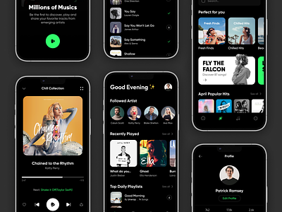 Music App app appui clean dark ui mobile app music music app music player play player playlist podcast profile social song spotify stream ui uidesign uiux