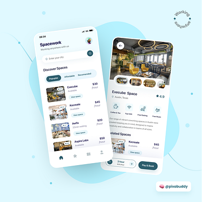 Spacework App UI Design app app design app ui application design behance clean ui co working space creativity design designer illustration minimal design space trendy ui uidesign uiux user interface ux web design