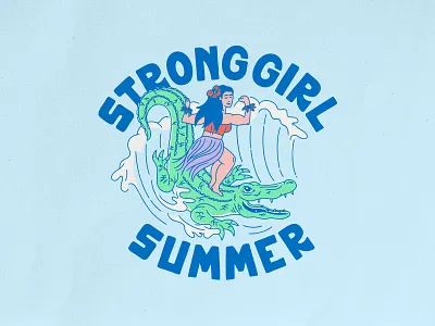 Strong Girl Summer badgedesign branding design gator graphic design hula illustration illustrator lockup logo sticker strong surfing tshirt design typography vector wave woman