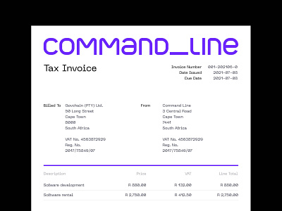 Command Line Invoice bespoke font brand identity branding custom type developer identity design invoice logo logo design neue machina software startup tech typography