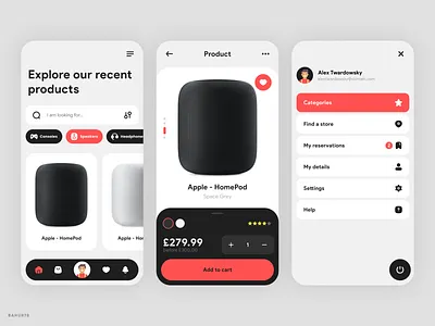 Retail Mobile App android app app design clean ui ecommerce figma homepod ios light theme menu minimalistic product retail shopify speakers store tech ui uiux