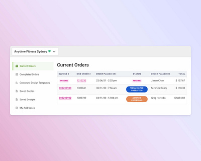 Customer accounts order tracking dashboard web design