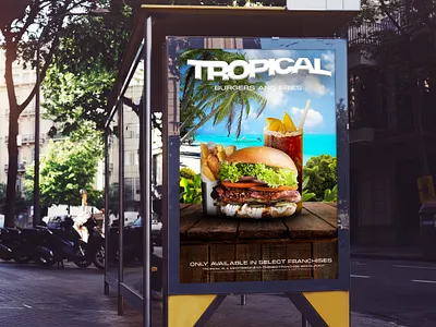 Tropical Burger Joint 3d ad ad design branding design editorial editorial design food graphic design icon illustration illustrator logo photoshop poster poster design typography vector