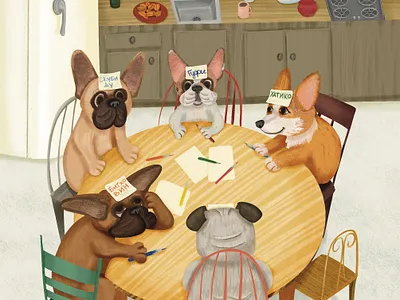 The game "Guess who I am?" bulldog characters corgi dogs illustration postc postcard