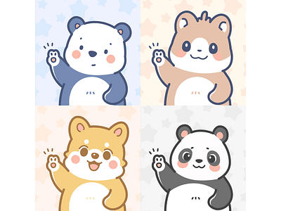 Cute little animals say hello bear character cute design dog doodle flat icon illustration ip logo panda