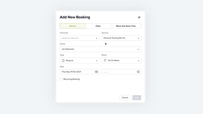 Booking Conflict Flow for a Fitness SaaS alert booking booking modal calendar crm dropdown fitness new booking product design recurring booking scheduling scheduling conflict time selector web app