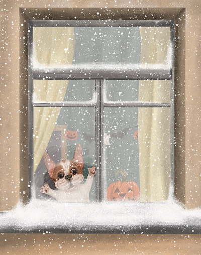 First snow bulldog characters dogs illustration postcard