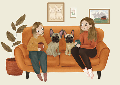 Portrait of sisters with bulldogs bulldog characters dogs illustration portrait postcard