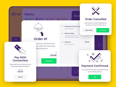 Serve Popups app buttons cancelled confirmation contactless cta deliveroo delivery flat food illustration pop up restaurant uber ui yellow
