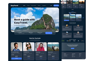 EasyTravel Landing Page UI Design (Dark mode) dark mode design landing page mobile app mobile app design responsive design traveling case study traveling web design ui ui design ui designer uiux ux design ux designer web design